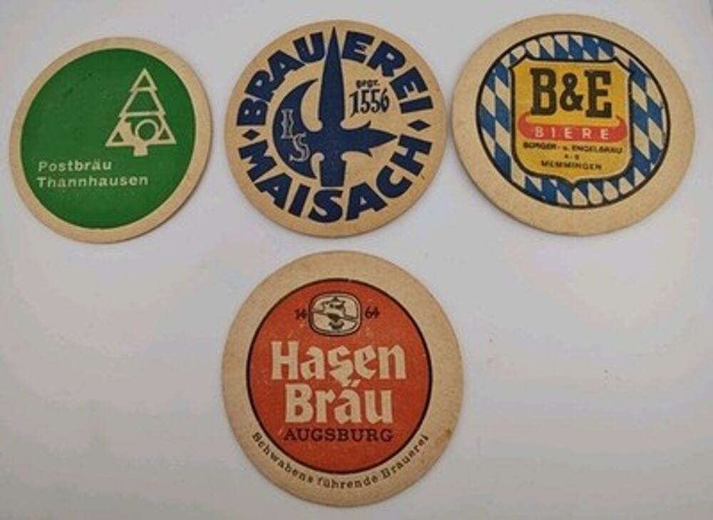 Vintage German Beer Coasters Lot of 4 Bavaria Hasen Brau Maisach Memmingen